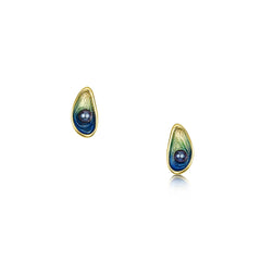 Mussel 18ct Yellow Gold Stud Earrings with Black Pearls in Ocean Enamel by Sheila Fleet Jewellery