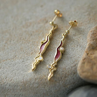 River Ripples 18ct Yellow Gold Diamond & Pearl Dress Drop Earrings in Passion Pink Enamel