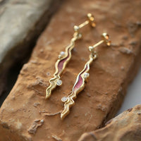 River Ripples 18ct Yellow Gold Diamond & Pearl Dress Drop Earrings in Passion Pink Enamel
