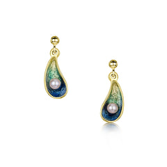 Mussel Small 18ct Yellow Gold Drop Earrings with Peach Pearls in Ocean Enamel by Sheila Fleet Jewellery