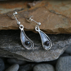 Mussel Oxidised Silver Small Drop Earrings with Black Pearls by Sheila Fleet Jewellery