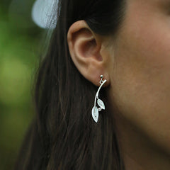 Rowan Two-Leaf Drop Earrings in Frost Enamel with Cubic Zirconia by Sheila Fleet Jewellery