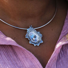 Oyster Enamel Necklet with CZ, Peach & Black Pearls by Sheila Fleet Jewellery