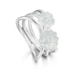 Primula Scotica 2-flower CZ Ring in Crystal Enamel by Sheila Fleet Jewellery