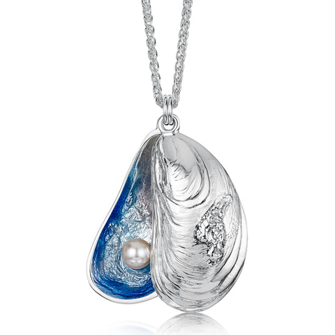 Mussel Large Double Pendant with Peach Pearl in Mussel Blue Enamel by Sheila Fleet Jewellery
