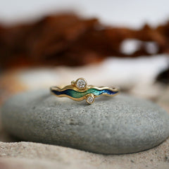 River Ripples 18ct Yellow Gold Diamond Ring in Ocean Enamel by Sheila Fleet Jewellery