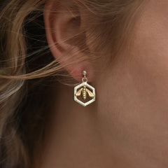 Honeycomb & Bee Silver Drop Earrings with 9ct Yellow Gold Bee by Sheila Fleet Jewellery