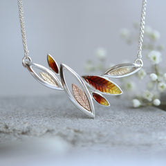 Seasons Gold Leaves Necklace in Autumn Enamel by Sheila Fleet Jewellery