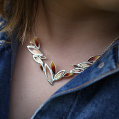 Seasons Gold Leaves Dress Necklace in Autumn Enamel by Sheila Fleet Jewellery