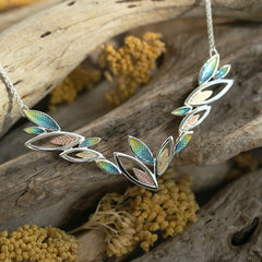 Seasons Gold Leaves Dress Necklace in Summer Enamel by Sheila Fleet Jewellery