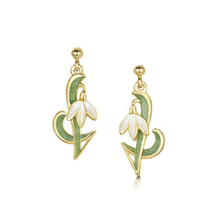 Snowdrop 18ct Yellow Gold Drop Earrings in Opal White Enamel by Sheila Fleet Jewellery