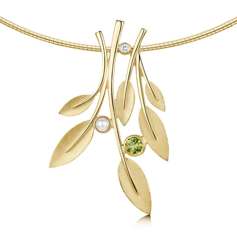 Rowan Occasion Necklace in 9ct Yellow Gold with Peridot, Pearl & Diamond by Sheila Fleet Jewellery