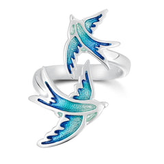 Swallows Silver 2-bird Ring in Summer Blue Enamel by Sheila Fleet Jewellery