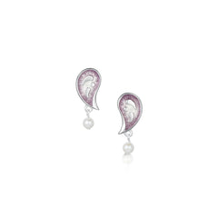 Paisley Leaf Pearl Stud Earrings in Champaign Enamel by Sheila Fleet Jewellery