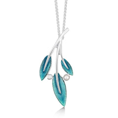 Rowan Three-Leaf Pendant Necklace in Sage Enamel with Moonstone & Pearl by Sheila Fleet Jewellery