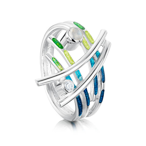 Wild Grasses Moonstone & CZ Ring in Meadow Enamel by Sheila Fleet Jewellery
