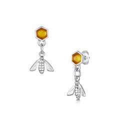 Honeycomb & Bee Silver Drop Earrings in Honey Enamel by Sheila Fleet Jewellery