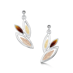 Seasons Gold Leaves 3-leaf Drop Earrings in Autumn Enamel by Sheila Fleet Jewellery