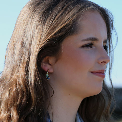 Mussel Small 18ct Yellow Gold Drop Earrings with Black Pearls in Ocean Enamel by Sheila Fleet Jewellery