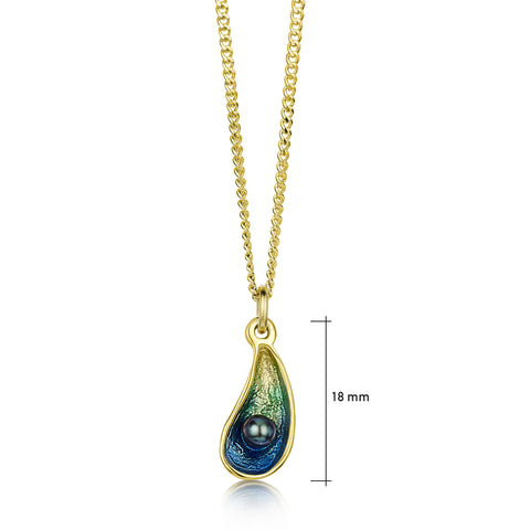 Mussel 18ct Yellow Gold Petite Pendant with Black Pearl in Ocean Enamel by Sheila Fleet Jewellery
