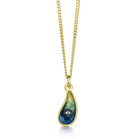 Mussel 18ct Yellow Gold Petite Pendant with Black Pearl in Ocean Enamel by Sheila Fleet Jewellery