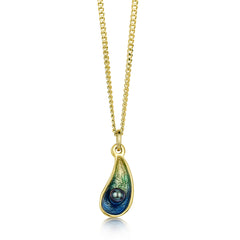 Mussel 18ct Yellow Gold Petite Pendant with Black Pearl in Ocean Enamel by Sheila Fleet Jewellery