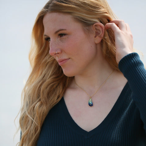 Mussel 18ct Yellow Gold Medium Pendant with Black Pearl in Ocean Enamel by Sheila Fleet Jewellery