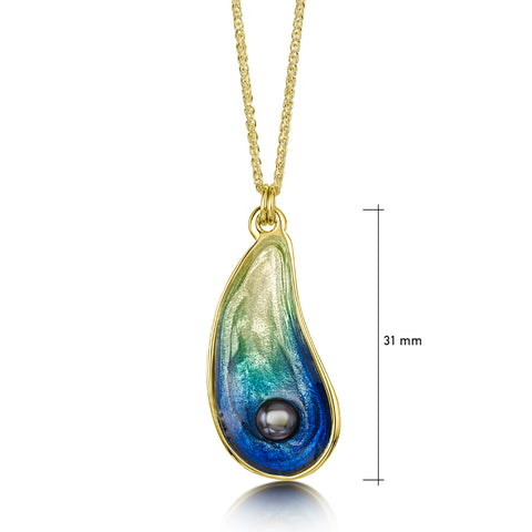Mussel 18ct Yellow Gold Medium Pendant with Black Pearl in Ocean Enamel by Sheila Fleet Jewellery