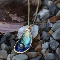 Mussel Large 18ct Yellow Gold Pendant with Black Pearl in Ocean Enamel by Sheila Fleet Jewellery