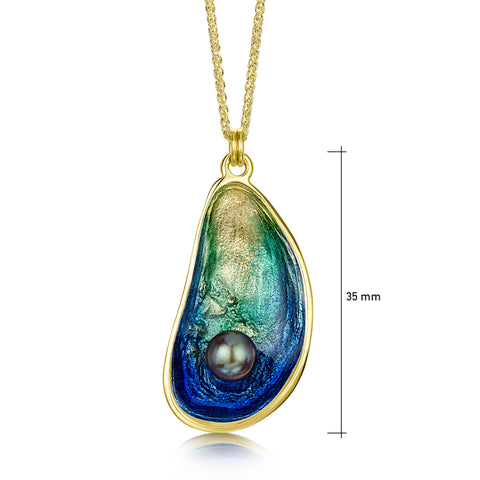 Mussel Large 18ct Yellow Gold Pendant with Black Pearl in Ocean Enamel by Sheila Fleet Jewellery