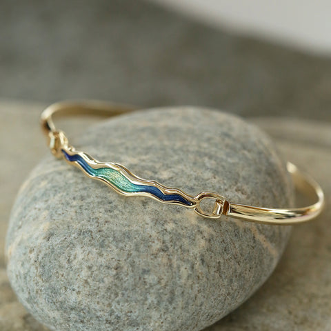 River Ripples 18ct Yellow Gold Hinged Bangle in Ocean Enamel by Sheila Fleet Jewellery