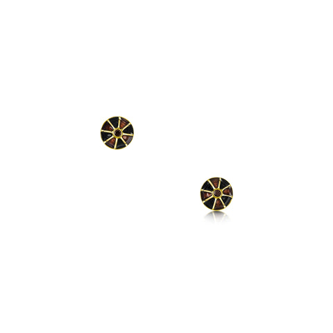 Kirkwall Ba' Small 18ct Yellow Gold Black Diamond Stud Earrings in Dark Tan Enamel by Sheila Fleet Jewellery