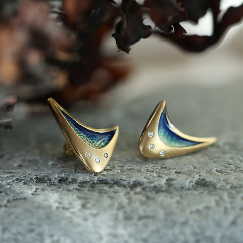 Wing Diamond 18ct Yellow Gold Large Stud Earrings in Ocean Enamel by Sheila Fleet Jewellery