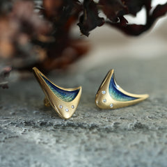 Wing Diamond 18ct Yellow Gold Large Stud Earrings in Ocean Enamel by Sheila Fleet Jewellery
