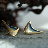 Wing Diamond 18ct Yellow Gold Large Stud Earrings in Ocean Enamel by Sheila Fleet Jewellery