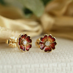 Primula Scotica Small 18ct Yellow Gold Diamond Stud Earrings in Red Enamel by Sheila Fleet Jewellery