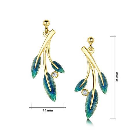 18ct Gold Rowan Three-Leaf Diamond Drop Earrings in Evergreen Enamel by Sheila Fleet Jewellery