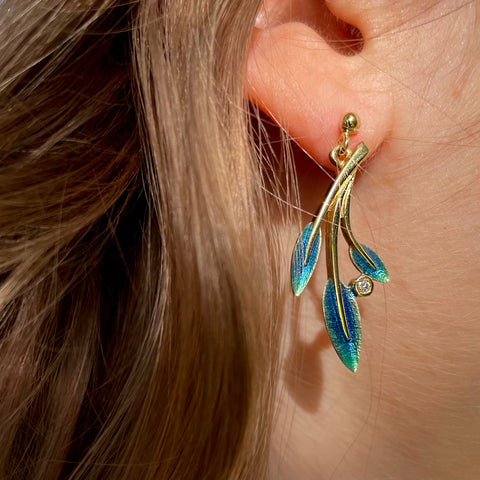 18ct Gold Rowan Three-Leaf Diamond Drop Earrings in Evergreen Enamel