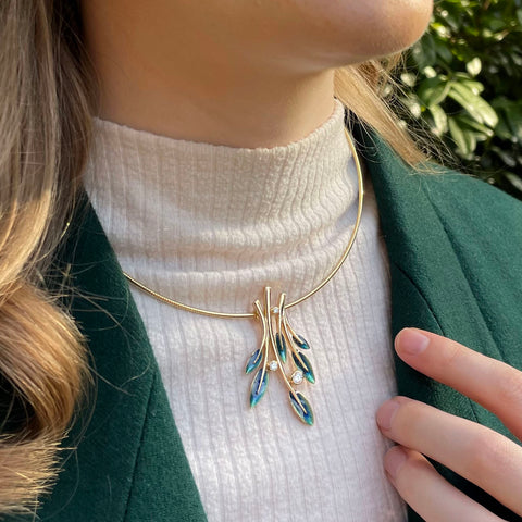 18ct Gold Rowan Diamond Dress Necklace in Evergreen Enamel