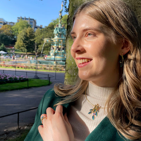 18ct Gold Rowan Diamond Dress Necklace in Evergreen Enamel