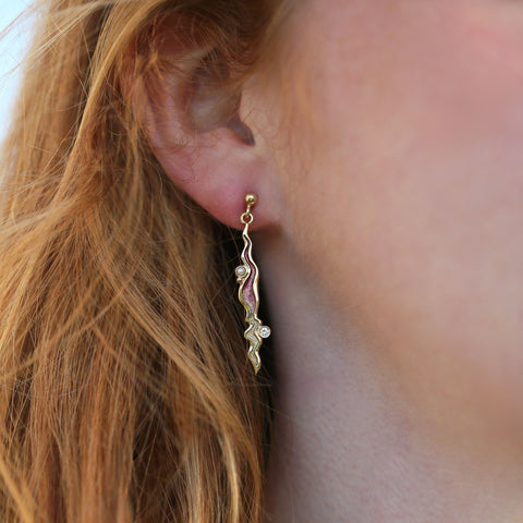 River Ripples 18ct Yellow Gold Diamond & Pearl Dress Drop Earrings in Passion Pink Enamel