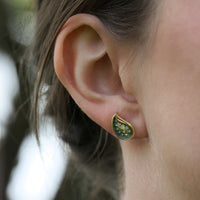 Paisley Leaf 18ct Yellow Gold Petite Stud Earrings in Verdi Enamel by Sheila Fleet Jewellery