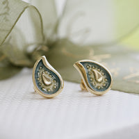 Paisley Leaf 18ct Yellow Gold Petite Stud Earrings in Verdi Enamel by Sheila Fleet Jewellery