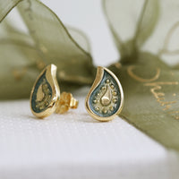Paisley Leaf 18ct Yellow Gold Petite Stud Earrings in Verdi Enamel by Sheila Fleet Jewellery