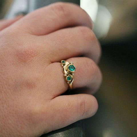 Cosmos Galaxy Emerald & Diamond Ring in 18ct Yellow Gold by Sheila Fleet Jewellery