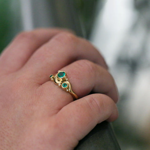 Cosmos Galaxy Emerald & Diamond Ring in 18ct Yellow Gold by Sheila Fleet Jewellery