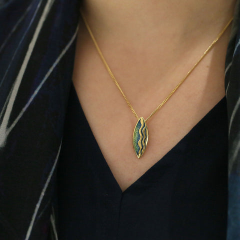 Sands of Time Small 18ct Yellow Gold Pendant in Light Ocean Enamel by Sheila Fleet Jewellery