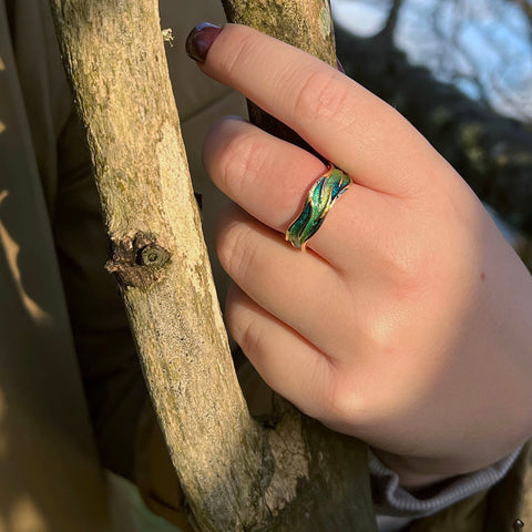 Sea Motion 18ct Yellow Gold Ring in Tempest Enamel by Sheila Fleet Jewellery