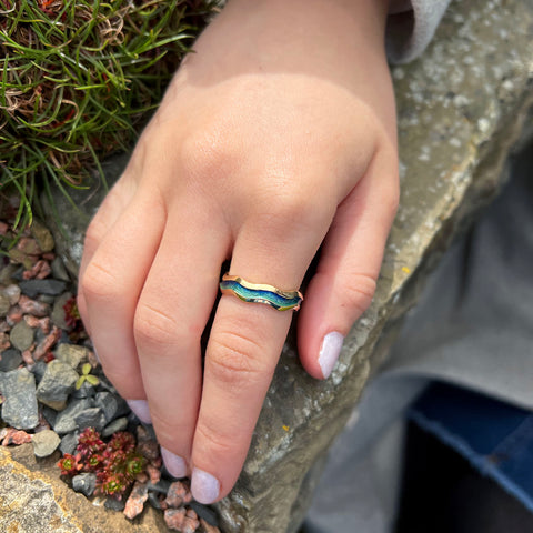 Sands of Time 18ct Yellow Gold Ring in Ocean Enamel by Sheila Fleet Jewellery