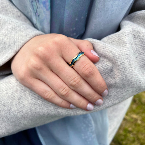 Sands of Time 18ct Yellow Gold Ring in Ocean Enamel by Sheila Fleet Jewellery